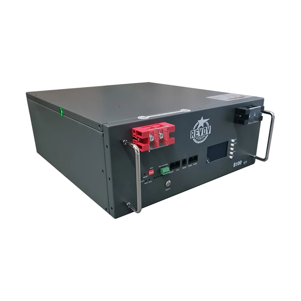 REVOV B100 51.2V 100Ah 5.1kWh Lithium Battery with integrated BMS and LCD display, offering high energy density and long-lasting performance for various power backup systems.