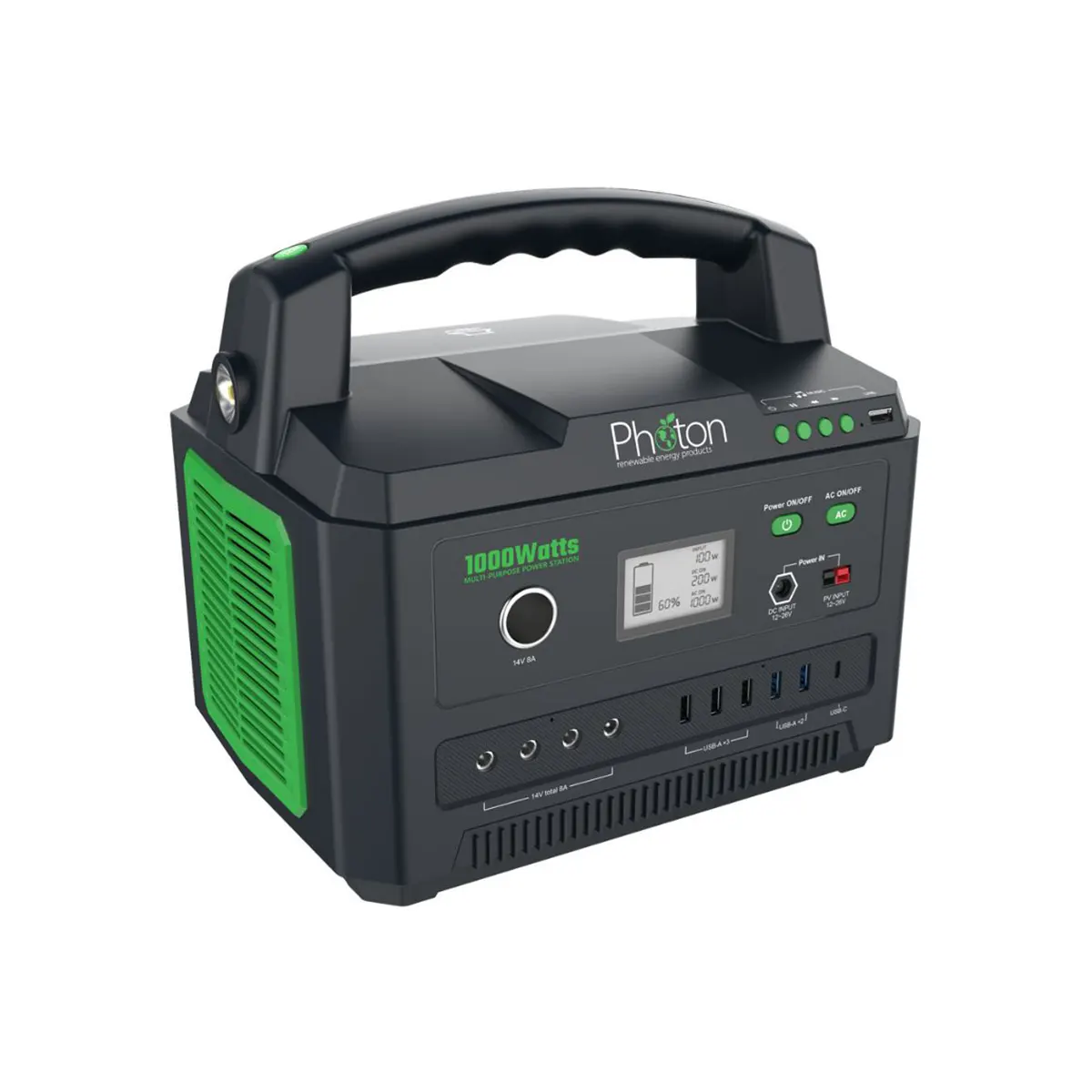 Photon Power Station 1000W with UPS, featuring LCD screen, Bluetooth speaker, and fast charging ports